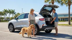 A golden retriever looking out the window of a car hire parked near a sunny beach in Florida