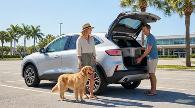 A golden retriever looking out the window of a car hire parked near a sunny beach in Florida