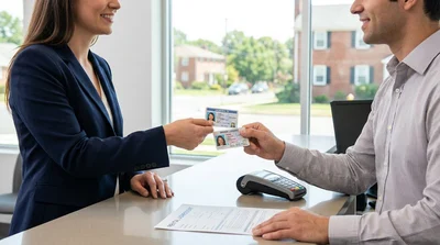 Customer handing a photo ID and driving licence to an agent at a Pennsylvania car rental desk