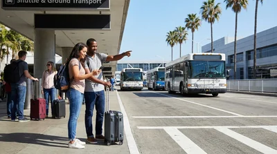 Travelers with luggage waiting for a car rental shuttle bus outside LAX Terminal 7 in Los Angeles