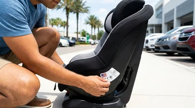 Parent inspecting the safety labels on a child car seat inside an Orlando car rental vehicle