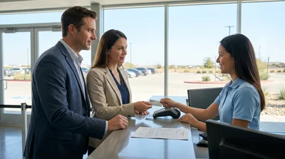 Customer handing a credit card to an agent at a Texas car hire desk