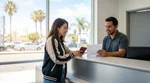 Hands holding a Japanese driver's license at a car rental counter in California