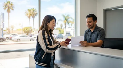 Hands holding a Japanese driver's license at a car rental counter in California