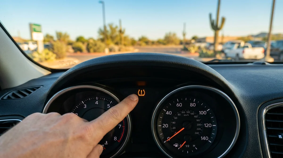 Glowing TPMS tire pressure warning light on the dashboard of a car rental parked in Texas