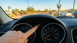 Glowing TPMS tire pressure warning light on the dashboard of a car rental parked in Texas