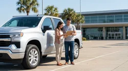Two passengers wearing seatbelts inside a car rental driving on a Texas highway