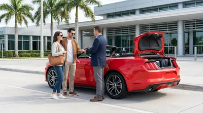 Man loading luggage into a white car rental parked near palm trees in sunny Florida