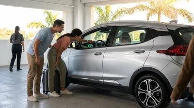 White electric car rental plugged into a public charging station on a sunny day in Florida