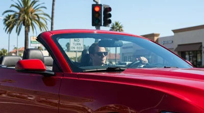 White car hire waiting at a red traffic light to make a right turn at an intersection in California