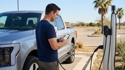 Person using a smartphone next to an electric car rental plugged into a charging station in Texas