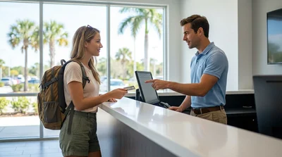 Close-up of a customer handing a credit card to an agent at a Florida car hire desk