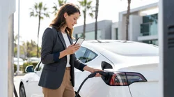 Person charging a white Tesla car rental at a Supercharger station in California