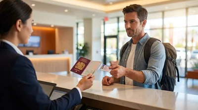Customer handing a passport and ID to an agent at a Las Vegas car rental desk