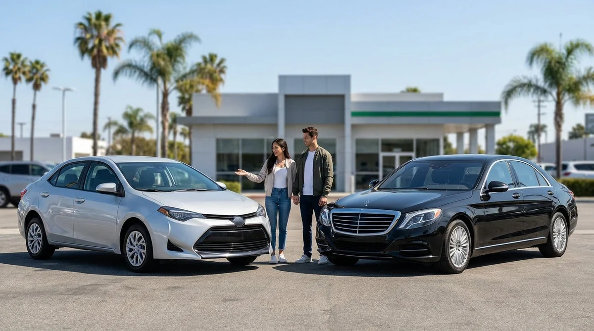 Standard sedan and full-size SUV parked side by side in a sunny Los Angeles car rental lot near palm trees