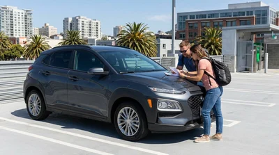 Person driving a car rental down a steep San Francisco street lined with Victorian houses