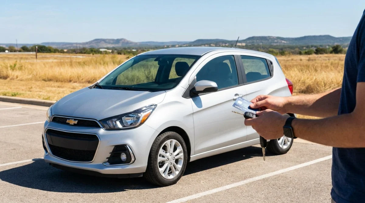 A compact white car rental parked on a bright sunny street in Texas
