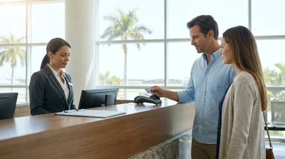 Customer handing a credit card to a clerk at a car hire counter in Florida