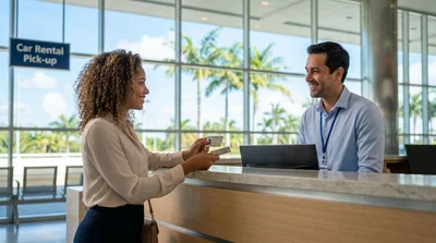 Customer handing a driver's license to an agent at a Miami car hire desk