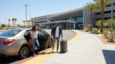 Taxi parked at the passenger drop-off zone outside a Las Vegas car rental center