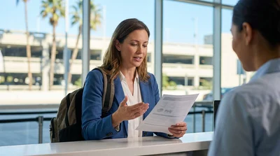 Traveler checking a printed voucher next to a parked vehicle at a car hire lot at LAX in Los Angeles
