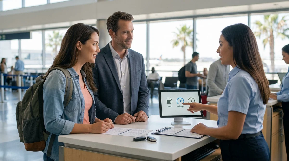 Customer reviewing paperwork with a clerk at a car hire counter in Los Angeles