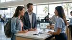 Customer reviewing paperwork with a clerk at a car hire counter in Los Angeles