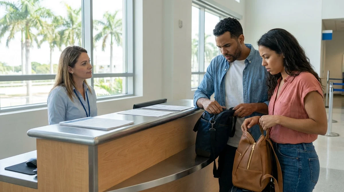 Customer receiving vehicle keys from an agent at an Orlando car hire counter