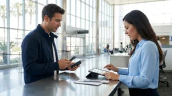 Person with luggage speaking to an agent at a car rental counter inside a Los Angeles airport terminal