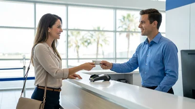 Person handing a sleek credit card to an agent at a car hire desk in sunny Florida
