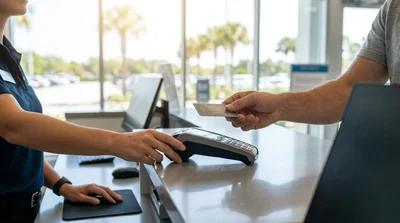 Close-up of a traveler presenting an embossed credit card at a Florida car rental desk