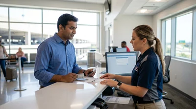 Customer showing an Indian driver's license to an agent at a car rental counter in Texas