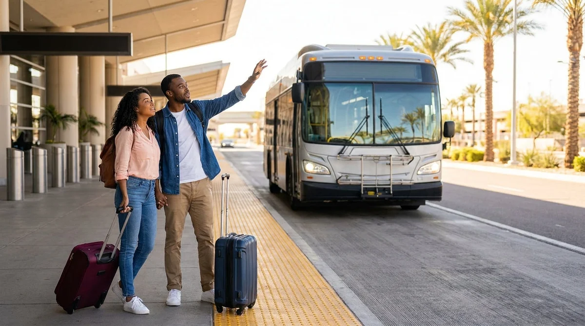 A white car rental shuttle bus parked at the curb outside Terminal 3 in Las Vegas