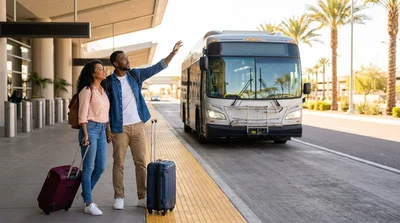 A white car rental shuttle bus parked at the curb outside Terminal 3 in Las Vegas