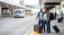 Travelers with luggage walking toward a car hire shuttle bus outside Newark Terminal B