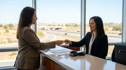 Business traveler presenting a credit card to an agent at a car hire counter in Texas