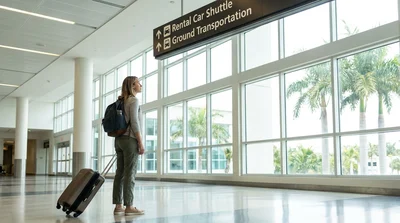 Passengers with luggage walking through the modern Orlando airport terminal toward the car rental desks
