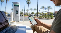 Driver holding a smartphone next to an electric car hire plugged into a charging station in California