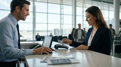 Customer handing a credit card to an agent at a car hire counter in the United Estates