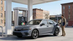 Person holding a fuel pump nozzle filling a car hire vehicle at a New York gas station