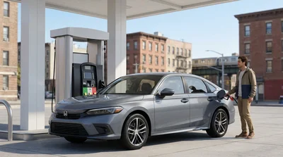 Person holding a fuel pump nozzle filling a car hire vehicle at a New York gas station