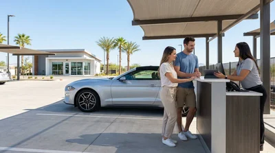 Two adults driving a car rental along a scenic coastal highway in California