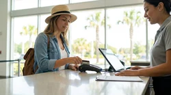 Person handing a credit card to a customer service agent at an Orlando car hire desk