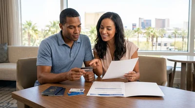 Customer handing travel documents to an agent at a Las Vegas car rental desk