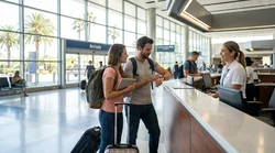 Couple loading luggage into a car rental outside Los Angeles International Airport