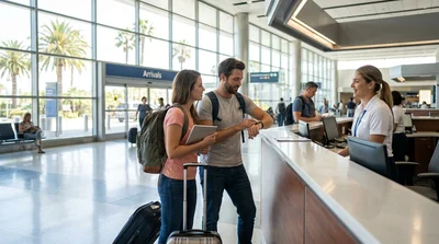 Couple loading luggage into a car rental outside Los Angeles International Airport