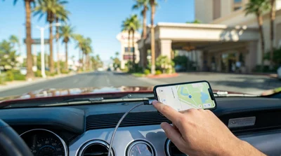 Smartphone connected to a CarPlay screen via USB-C cable inside a car rental driving in Las Vegas