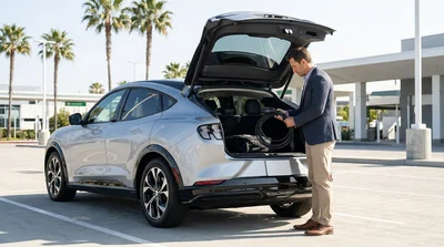 A charging cable plugged into a modern electric car rental parked on a sunny California street