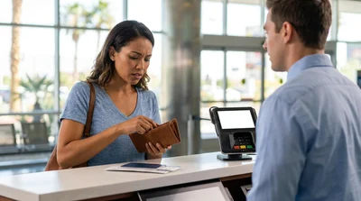 Traveler looking through an open wallet at a car hire counter in Las Vegas