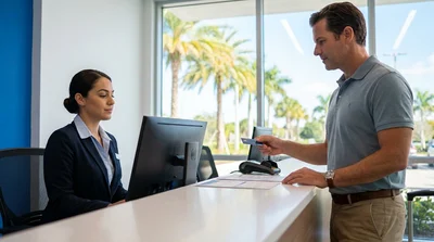 Close up of a person handing a credit card to an agent at a Florida car rental desk